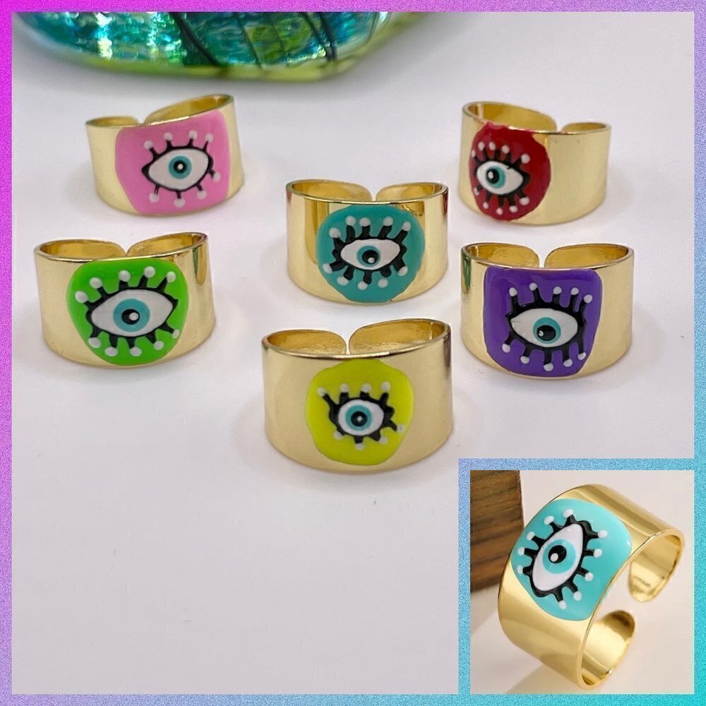 Boho Evil Eye Enamel and Copper Adjustable Ring #1300 BLUE
